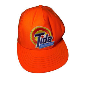 Vintage Tide Racing Team Hat 90s Trucker Neon Orange Cap w/ Patch MADE IN USA